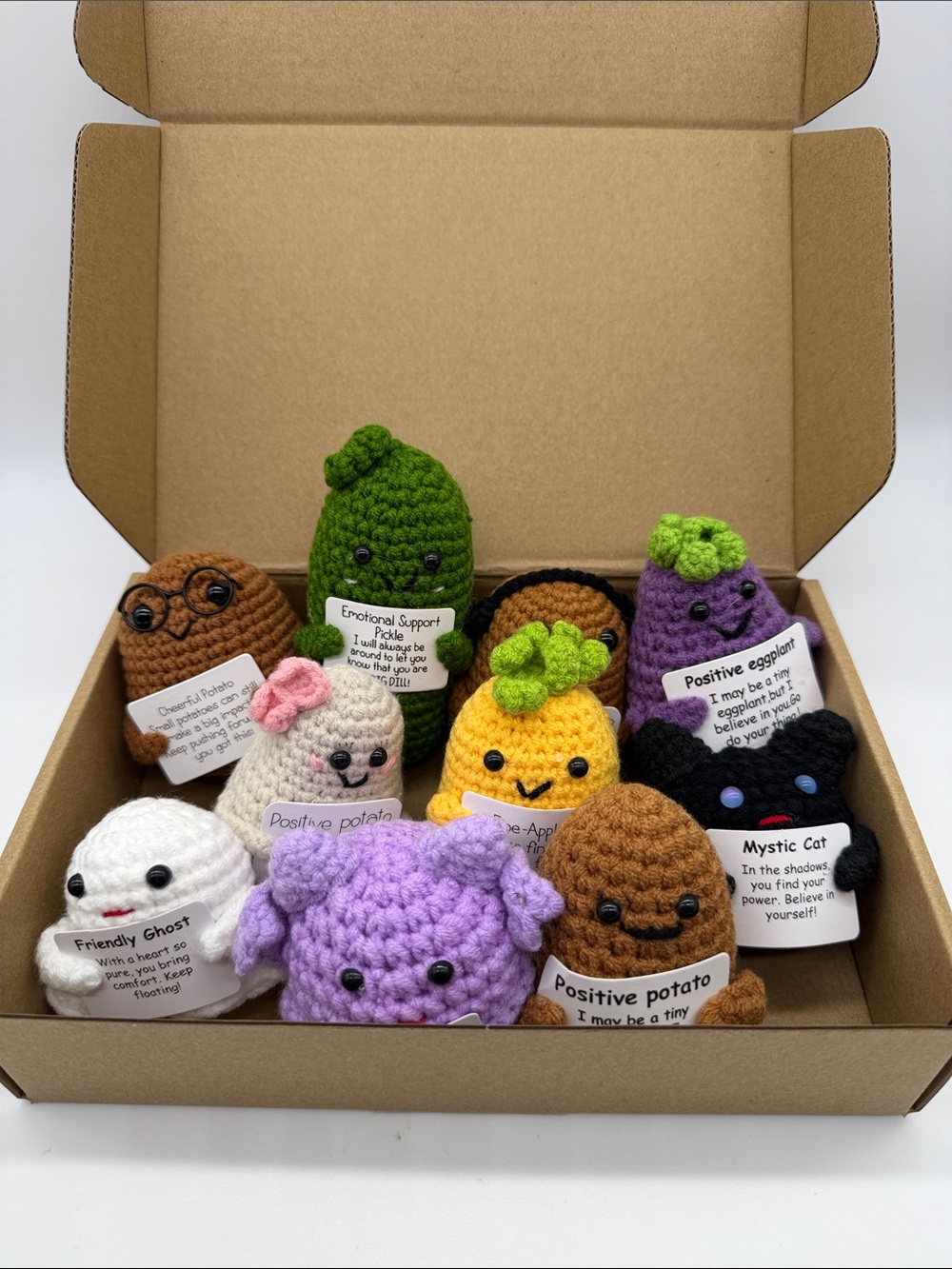 Lot of 10 Crochet Positive Pals Supportive  Veggies and Halloween Pickle Cat